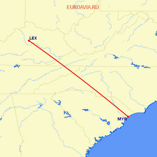 перелет Lexington — Миртл Бич на карте
