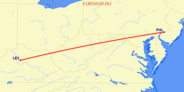 перелет Lexington — Филадельфия на карте