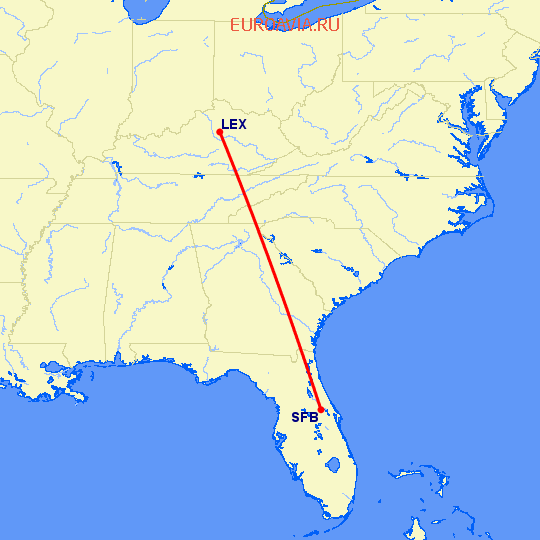 перелет Lexington — Sanford на карте