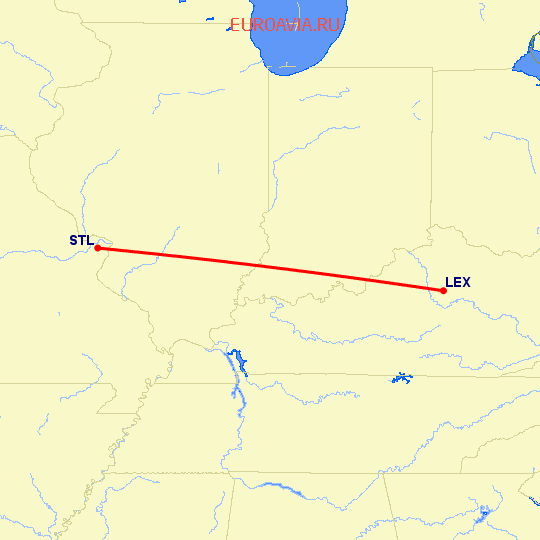 перелет Lexington — Сент Луис на карте