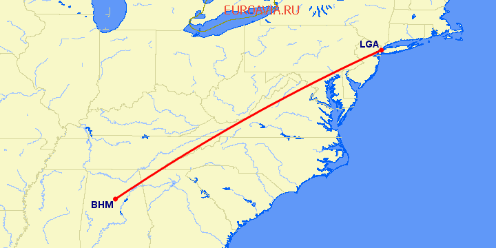 перелет Нью Йорк — Бирмингем на карте