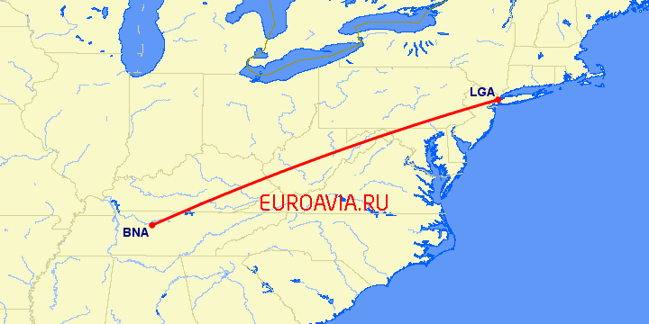 перелет Нью-Йорк — Нашвилл на карте