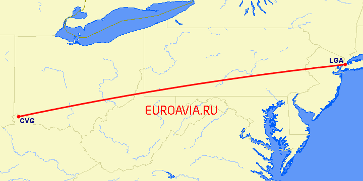 перелет Нью Йорк — Кавингтон на карте