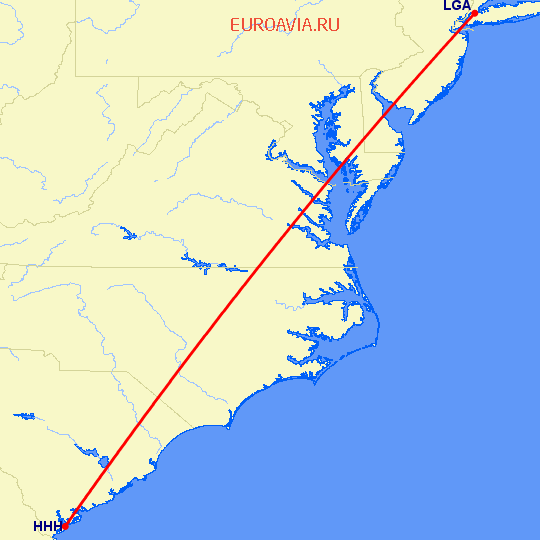перелет Нью Йорк — Hilton Head на карте