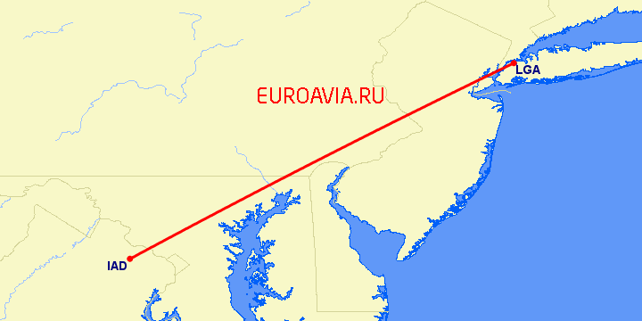 перелет Нью-Йорк — Вашингтон на карте