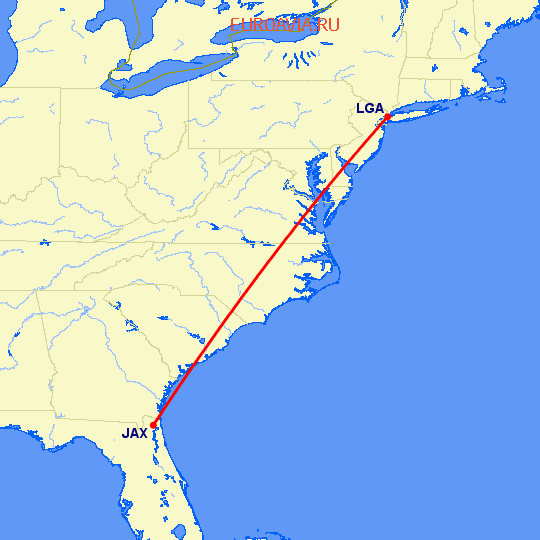 перелет Нью Йорк — Джексонвиль на карте