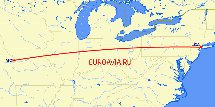 перелет Нью Йорк — Канзас Сити на карте