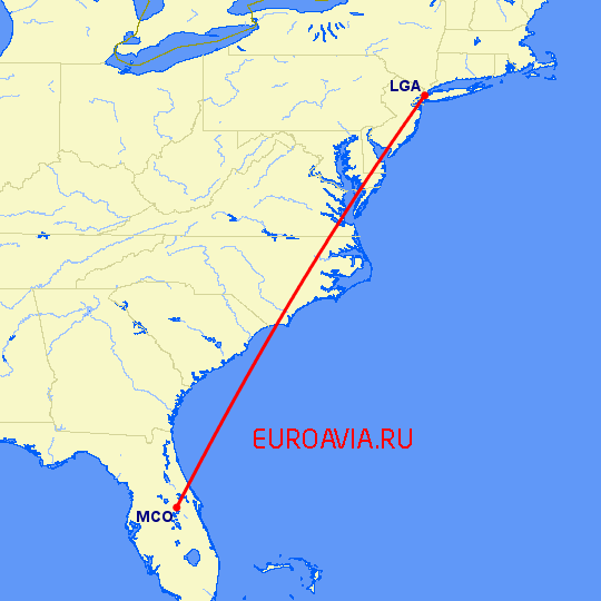 перелет Нью-Йорк — Орландо на карте