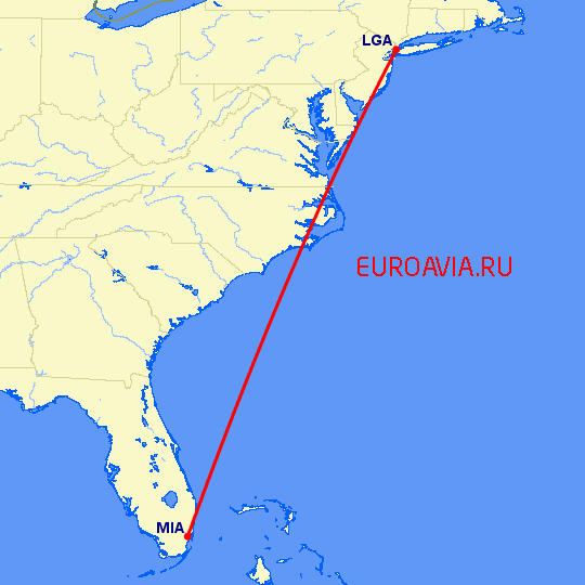 перелет Нью-Йорк — Майами на карте