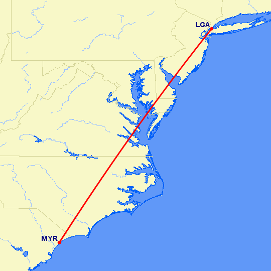 перелет Нью Йорк — Миртл Бич на карте
