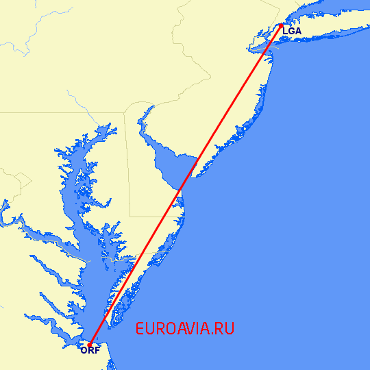 перелет Нью-Йорк — Норфолк на карте