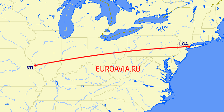 перелет Нью-Йорк — Сент Луис на карте