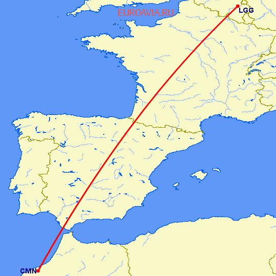 перелет Льеж — Касабланка на карте