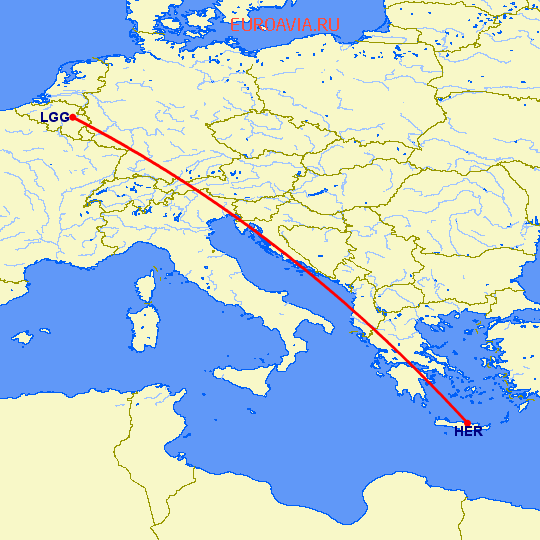 перелет Льеж — Ираклион на карте