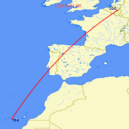 перелет Льеж — Тенерифе на карте