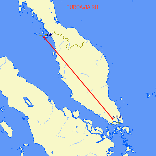 перелет Лангкави — Джохор Бару на карте