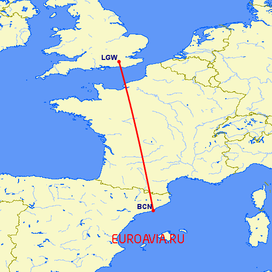 перелет Лондон — Барселона на карте