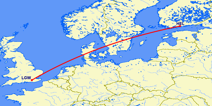 перелет Лондон — Хельсинки на карте