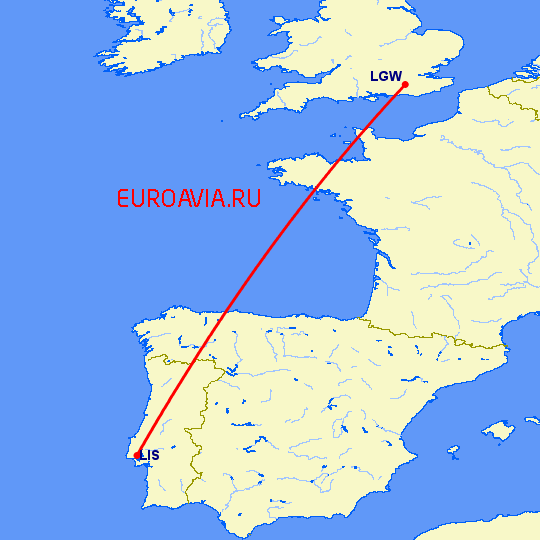 перелет Лондон — Лиссабон на карте