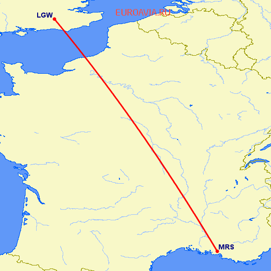 перелет Лондон — Марсель на карте