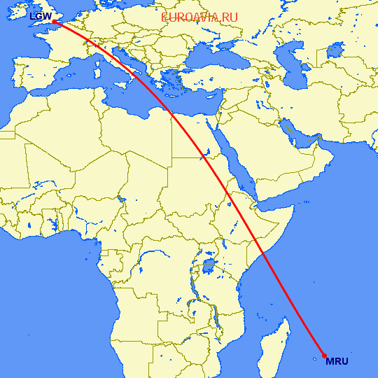 перелет Лондон — Порт Луис на карте
