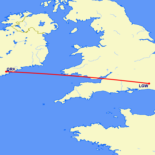 перелет Лондон — Корк на карте