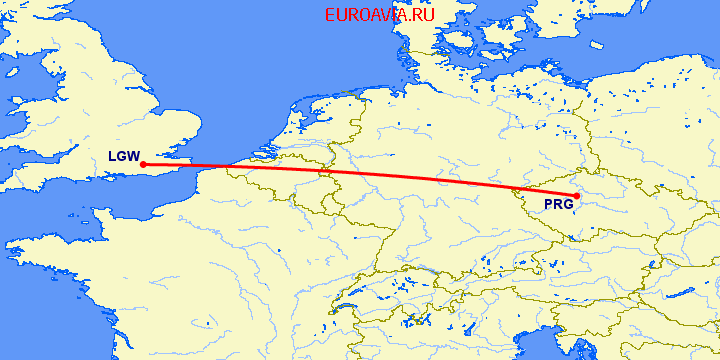 перелет Лондон — Прага на карте