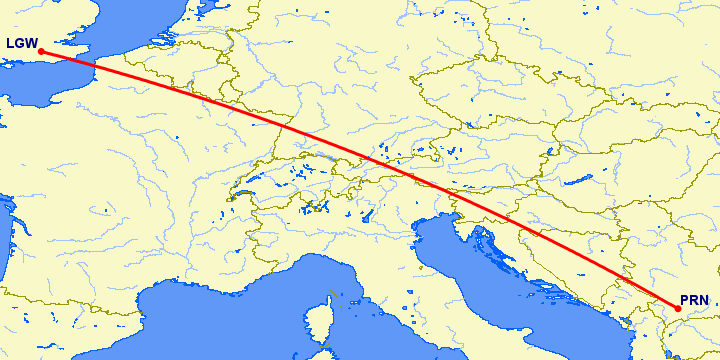 перелет Лондон — Приштина на карте