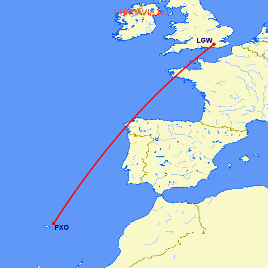 перелет Лондон — Порту Санту на карте