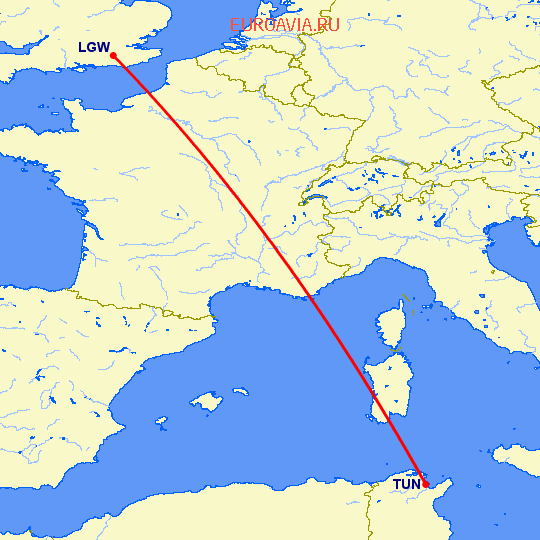 перелет Лондон — Тунис на карте