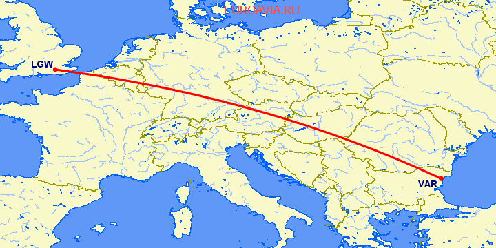 перелет Лондон — Варна на карте