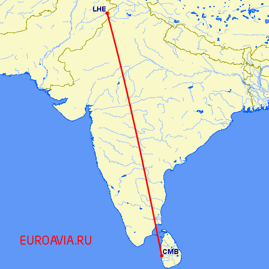 перелет Лахор — Коломбо на карте