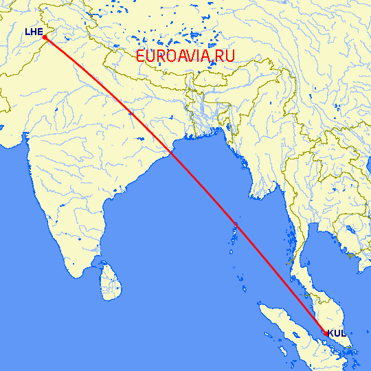 перелет Лахор — Куала Лумпур на карте