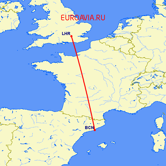 перелет Лондон — Барселона на карте
