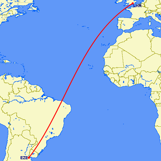 перелет Лондон — Буэнос Айрес на карте