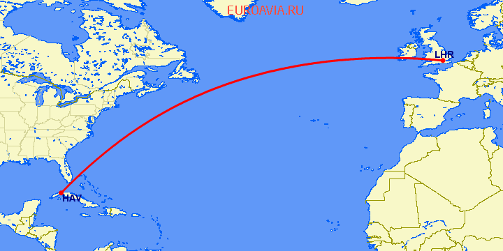 перелет Лондон — Гавана на карте