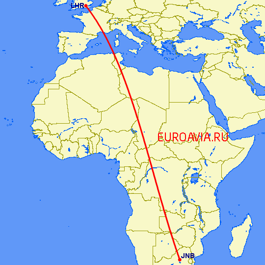 перелет Лондон — Йоханнесбург на карте