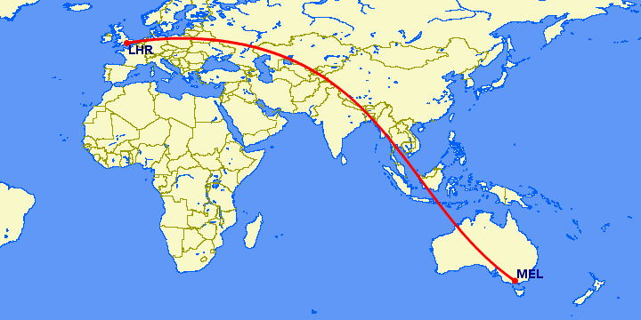 перелет Лондон — Мельбурн на карте
