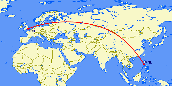 перелет Лондон — Манила на карте