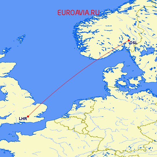 перелет Лондон — Осло на карте
