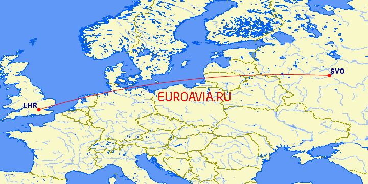 перелет Лондон — Москва на карте