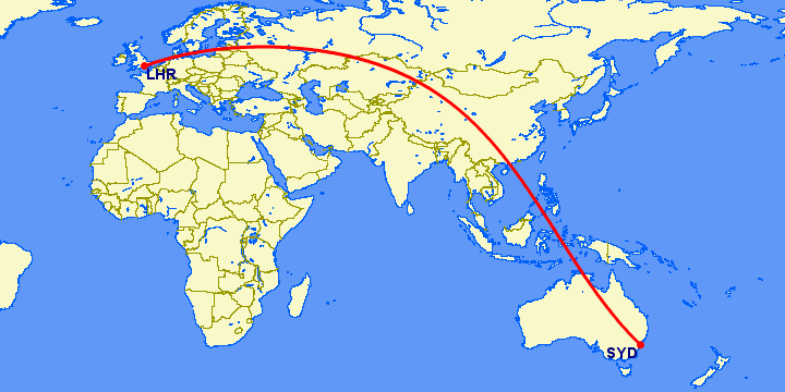 перелет Лондон — Сидней на карте