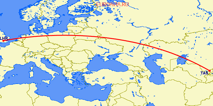 перелет Лондон — Ташкент на карте