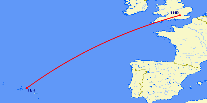 перелет Лондон — Terceira Island на карте