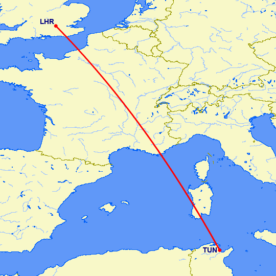 перелет Лондон — Тунис на карте
