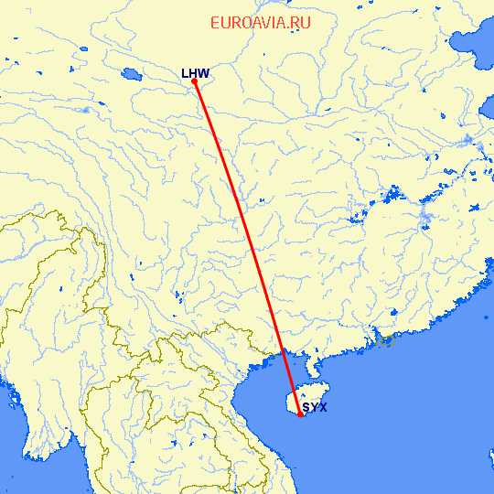 перелет Ланчжоу — Санья на карте