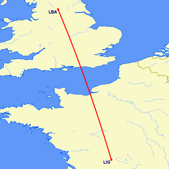 перелет Лимож — Лидс на карте