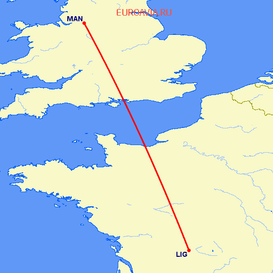 перелет Лимож — Манчестер на карте