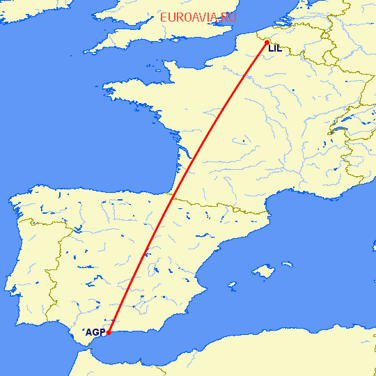 перелет Лилль — Малага на карте