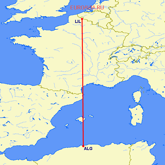 перелет Лилль — Алжир на карте